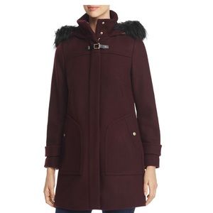 Cole Haan Dark Red Pea Coat with Black Fur Collar
